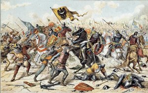Ranskan ja Englannin sota (1202-1214): Bouvinesin taistelu 27.7.1214 Philippe Augusten ranskalaisen armeijan ja Othon IV:n flaamilaisten ja Welfien välillä. Ranskan voitto oli ratkaiseva sodan tuloksessa. 1800-luvulla. Pariisi, Musee de l