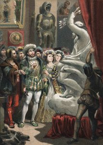 Francois I (1494-1547), Ranskan kuningas, italialaisen kuvanveistäjä Benvenuto Cellinin (1500-1571) kaiverruksessa vuodelta 1881 Juan Justo Huguetin "Kauneuden kultti" -kirjoituksessa, Molinas Hermanos toimittajat tekijältä Unknown artist