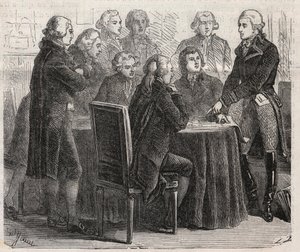 Ranskan vallankumous: Kreivi Louis Marie de Narbonne-Lara (Narbonne Lara) (1755-1813) esittelee suunnitelmiaan edustajakokouksen komiteoissa - Kaiverrus "" The Illustrous World"" tekijältä Unknown artist
