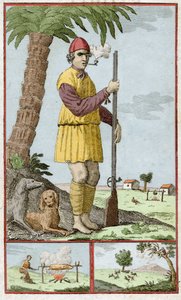 Ranskalainen buccane Santo Domingosta (Haiti). Kaiverrus Alexandre Olivier Exquemelinin (1645-1710) teokseen "History of the Adventurers Filibusters and Buccaneers Reported in the Indies". tekijältä Unknown artist