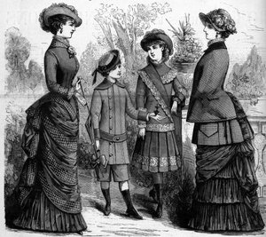 Ranskalainen naisten ja lasten muoti 1800-luvulla. Mainos vuodelta 1882. Kaiverrus "" The Illustrous World"" nro 1302, 11. maaliskuuta 1882. tekijältä Unknown artist