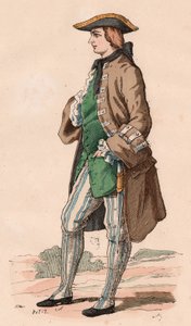 Ranskalainen herrasmies metsästysasussa, yllään takki, liivi ja tricorn hattu tikari kyljessään XVIII vuosisadalla (värikaiverrus) tekijältä Unknown
