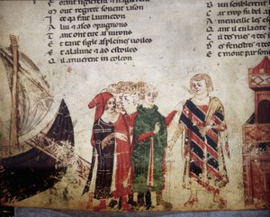 Ranskalainen kauppias Venetsiassa. Benoit de Saint Mauren "Roman de Troy" -miniatyyri. 1300-luvun Biblioteca Marciana, Venetsia tekijältä Unknown artist