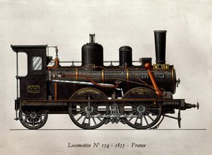 Ranskalainen juna: Veturi Numero 154, 1855. Kaiverrus. Pariisi, koristetaide tekijältä Unknown artist