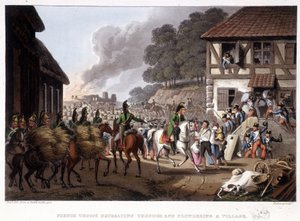 Ranskalaiset joukot perääntymässä ja ryöstelemässä kylää - Edward Ornen "" Historiallisia, sotilaallisia ja merivoimia koskevissa anekdooteissa..." tekijältä Unknown artist