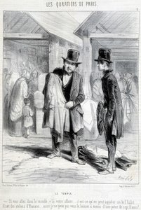 Fripier Pariisin temppelialueelta yrittää myydä vaatteita miehelle. Kaiverrus 1800-luvulta. tekijältä Unknown artist