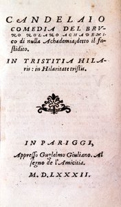 Giordano Brunon (1546-1600), italialaisen filosofin ja teologin "" Il candelaio" (kynttilänjalka) etukuva. 1582 tekijältä Unknown artist