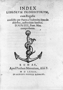 Roomassa vuonna 1564 julkaistun Index Librorum Prohibitorum (kiellettyjen kirjojen hakemisto eli Index Exurgatorius) etusivu. Hän luettelee kirjoja, joita roomalaiskatolisten ei sallittu lukea. tekijältä Unknown artist