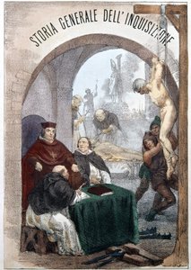 Pietro Tamburinin inkvisition yleishistorian etukuva, jossa kuva, joka kuvaa symbolisen inkvisition kohtauksia. Milano 1850. tekijältä Unknown artist