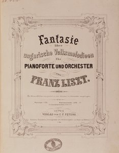 Franz Lisztin (1811-1886) partituurin "" Fantasia pianolle ja orkesterille" etukappale 1800-luvun Bologna, civico museo musicale tekijältä Unknown artist