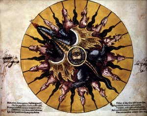 Frontispice edustaa aurinkoa - "Astronomicum Caesarium", Ptolemeuksen teoriaa käsittelevä tähtitieteen tutkielma, P. Apiano. tekijältä Unknown artist