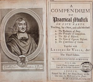 Käytännön musiikin viidestä osasta koostuvan kokoelman etukappale Cristopher Simpsonin viola da gamba -tunteilla tekijältä Unknown artist
