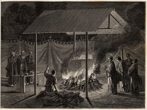 Hautajaiset: rituaalipoltto. Kaiverrus havainnollistamaan matkaa Japaniin vuosina 1863-1864, Sveitsin valaliiton ministeri Aime Humbert, "Le tour du monde, nouveau journal des voyages", julkaistu Edouard Chartonin johdolla. tekijältä Unknown artist