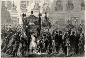 Funerary Cortege Gioacchino (Gioachino) Rossinin (1799-1868) obsequen aikana Pariisissa. Kaiverrus kirjaan "The Universe Illustrious" tekijältä Unknown artist