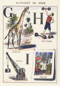 G H I: kirahvi, nosturi, käsipainot, kuva tekijältä Unknown artist