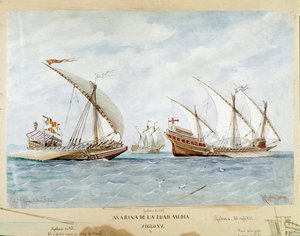 1400-luvun keittiö ja galeoni (akvarelli tekijältä Unknown artist