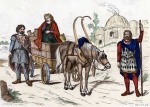Gallialainen asunto, nainen, talonpoika, vaunut, rikas maanviljelijä, valjaat - "" Ranskan siviili- ja sotilasasuissa vuosisatojen ajan Paris F. Roy 1882 ". tekijältä Unknown artist