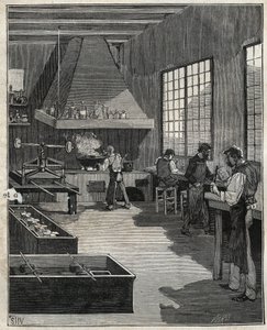 Galvaaninen kultaseppä: muottien valmistus. Kaiverrus vuodelta 1885 kirjassa "Les arts et metiers illustres", kirjoittanut Adolphe BITARD. tekijältä Unknown artist