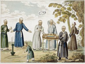 Pelit ja miehet juomassa teetä Kiinassa - s.d, grav. tekijältä Unknown artist