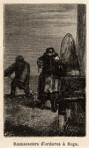 Roskakorit Riiassa. Henrietin piirros havainnollistamaan hänen matkaansa Venäjän Baltian maakuntiin vuosina 1851-54. Kaiverrus kirjassa "" Le tour du monde", toimittanut Edouard Charton tekijältä Unknown artist