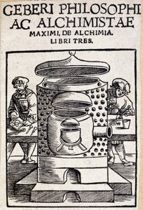 Geberi-filosofi ja alkemisti alkemiasopimuksen otsikkosivu. Geber (v721-v815), arabialkemisti tekijältä Unknown artist