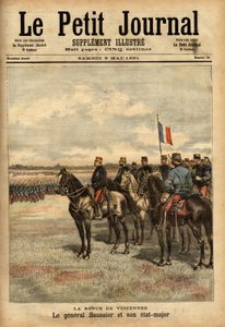Kenraali Felix Gustave (Felix-Gustave) Saussier (1828-1905) ja hänen esikuntansa tarkastelivat joukot Vincennesissä. Kaiverrus "" Le petit journal illustrious" -julkaisussa 5.9.1891. Selvan kokoelma. tekijältä Unknown artist