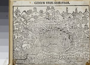 Genova, merikaupunki, Jacopo Filippo Forestin teoksesta Supplementum chronicarum, Venetsia 1486 (puupiirros) tekijältä Unknown artist