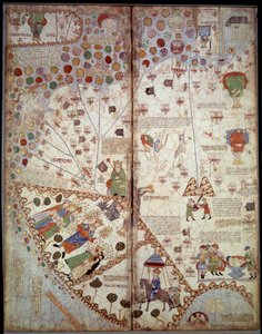 Maantieteellinen kartta: Kiina, Gangesin laakso, Sumatra, Ceylan. Katalaani Atlas (Katalaani kartta) (Espanja). Abraham Cresquesin käsikirjoitus vuodelta 1375 (Folio 2v - folio 3). BN, Pariisi tekijältä Unknown artist