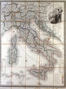 Italian maantieteellinen kartta vuodelta 1850, jossa on rajattu eri valtioiden rajat, jotka muodostivat maan ennen Risorgimentoa. tekijältä Unknown artist