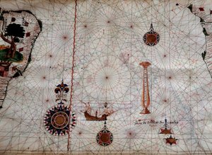 Maantiede: yksityiskohta Luis Lazaren (1500-luku) navigointikartasta, joka edustaa Tristan da Cunhan saariston (tai Tristan d