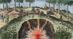 Geologia: Maan kuoren leikkaaminen selittää tulen poistumisen maasta. Kaiverrus Johann Zahnin (1631-1707) "Mundi Mirabilis Oeconomiasta" tekijältä Unknown artist