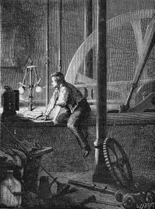 Georges Stephenson, kuljettaja työntekijä Newcastlessa, purkaa ja korjaa höyrykoneensa. Teoksessa ”Album de la Science”, Editions Jouvet tekijältä Unknown artist