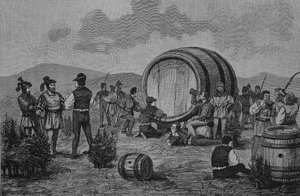 Saksan talonpoikaissota (1524-1526): Talonpojat leiriytyvät katajapensaille suuren viinitynnyrin kanssa. tekijältä Unknown artist