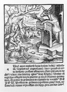 Saksalainen inkunaappi, joka kuvaa aasia opettamassa metsäeläinluokkaa. 1490. tekijältä Unknown artist