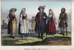 Saksalaiset talonpojat - kaiverrus kirjasta "" Kaikkien maailmankaikkeuden kansojen tavat ja tavat. Eli kaikkien kansojen hallituksen, lakien, miliisin, uskonnon historia kaukaisimmista ajoista nykypäivään "1856 tekijältä Unknown artist
