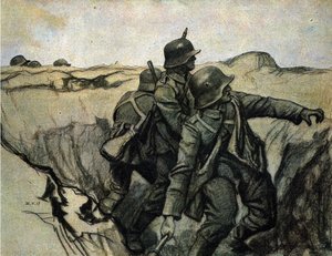 Saksalaiset sotilaat heittävät kranaatteja juoksuhaudoista vihollisjoukkoja kohti. 26/5/1917. tekijältä Unknown Artist