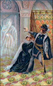 Gertrude, Hamlet ja Hamletin isän haamu. William Shakespearen "" Hamletissa". 1800-luvun lopun kromolitografia. tekijältä Unknown artist