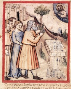 Jumala ilmestyy Jaakobille rakentaessaan pienoisalttarin koodeksesta 212 (tai Padovanon koodista tai Padovan Raamatusta) 1390-1400 Rovigo, Accademia dei Concordi tekijältä Unknown artist