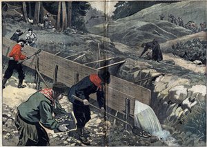 Kultakuume Alaskassa: Kullanetsijät pesevät kultamutaa. Nainen poimii pepitejä, kun uusia kullanhakijoita saapuu leirille. Kuvitus "" Le Pelerin" -lehdessä 20. helmikuuta tekijältä Unknown artist