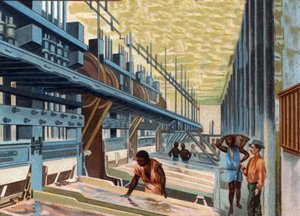 Kullankaivuu. Purkissa oleva malmijauhe pestään runsaalla vedellä ja kulkee sitten kuparilevyjen yli erottamaan kullan muista materiaaleista. 1800-luvun lopun kromolitografia. tekijältä Unknown artist