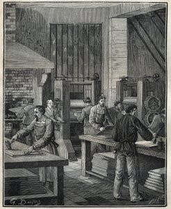 Kultaseppä: levyn valmistelu, metallin valmistelu erityisen hopeaesineen suorittamista varten. Kaiverrus vuodelta 1885 kirjassa "Les arts et metiers illustres", kirjoittanut Adolphe BITARD. tekijältä Unknown artist