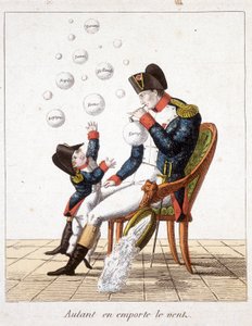 Tuulen viemässä: Napoleon tekee saippuakuplia Toscanasta, Sveitsistä, Hollannista, Napolista, Roomasta, Espanjasta ja Euroopasta - "" Napoleon 1st, karikatyyrejä, nuken kokoelma", n. 1814 tekijältä Unknown artist