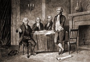 Kuvernööri Morris (1752-1816), Adamsin, Hamiltonin ja Jeffersonin kanssa. tekijältä Unknown artist