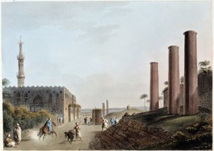 Graniittipilarit katoksen portiossa muinaisessa Aleksandriassa - "Näkymiä Egyptissä, Palestiinassa ja muualla Ottomaanien valtakunnassa" tekijältä Unknown artist