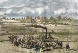 Iso-Britannia: Maatalous, kyntökohtaus. Boydell-höyryaura lähellä Louthia vuonna 1854. (höyryauraus Boydellin moottorilla lähellä Louthia). tekijältä Unknown artist