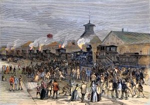 Suuri rautateiden lakko vuonna 1877, moottoreiden esto Martinsburgissa, Länsi-Virginiassa tekijältä Unknown artist