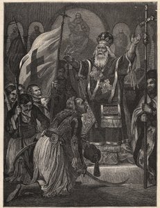Kreikan vapaussota 1821 - 1829: Vanhan Patran (Georgios Gotzias) piispa Germanos (Germain) III siunasi vapaustaistelun lippua, Agia Lavran luostari (Sainte Laure du Peloponnese), 21. maaliskuuta 1821 - kaiverrus maalauksen jälkeen tekijältä Unknown artist