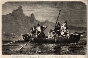Grönlanti Umyak, naisten käyttämä venetyyppi. Kaiverrus havainnollistamaan matkaa arktisen navan vapaalle merelle, tohtori Hayesin, Yhdysvaltain laivaston kirurgin, 1860-1862, julkaistiin "Le tour du monde, nouveau journal des voyages", toimitettu b. tekijältä Unknown artist