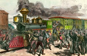 Greve Baltimoren yhdistävällä rautatielinjalla Ohiossa Työntekijät jahtaavat kuljettajia ja insinöörejä Baltimoreen suuntautuvasta junasta. 1877 1800-luvun kaiverrus Yksityinen kokoelma tekijältä Unknown artist
