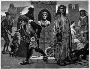 Gringoire, Quasimodo, La Esmeralda, La Sachette ja Phoebus. Päähenkilöt Theater des Nationsissa edustettuna Victor Hugon (1802-1885) Paul Meuricen (1912-1979) näytelmässä Notre Dame de Paris. Kaiverrus "" Le Monde illust tekijältä Unknown artist